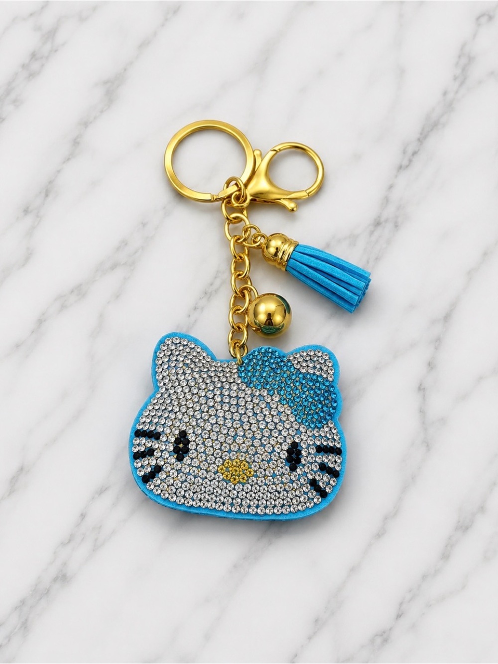 Turquoise Rhinestone Hello Kitty Bag Charm/Keyring with Tassel-Gold Hardware